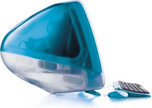 Blue 'jellybean' iMac, side view